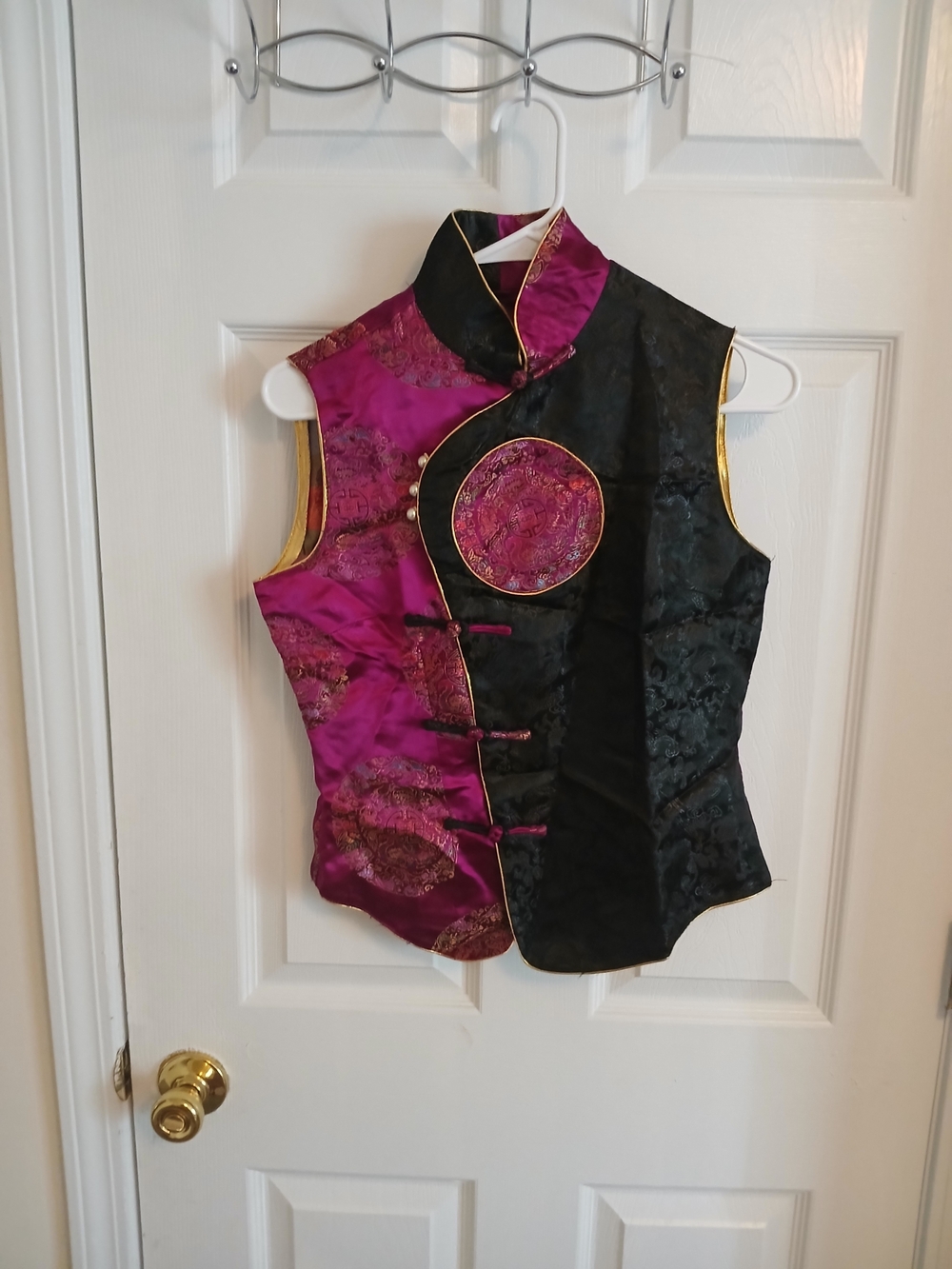 Magenta and Black Mandarin Collar Vest with Gold Trim